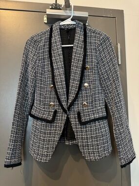 Womens Navy & White Tweed Blazer with Gold Buttons